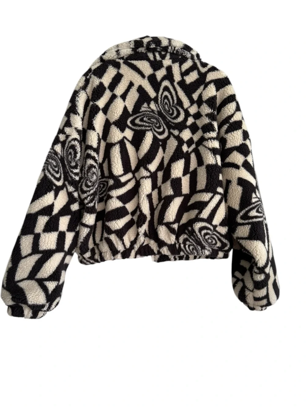 Urban Outfitters Olivia Print Sherpa Jacket Butterfly Mod Cream Black Fleece S